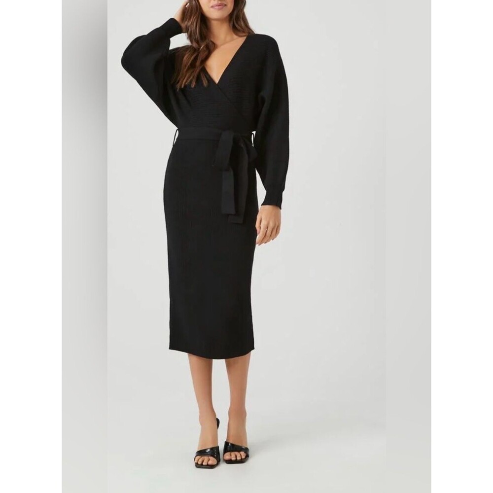 NWT Express Classic Black True Wrap Long Sleeve Sweater Knit Midi Dress Size XS